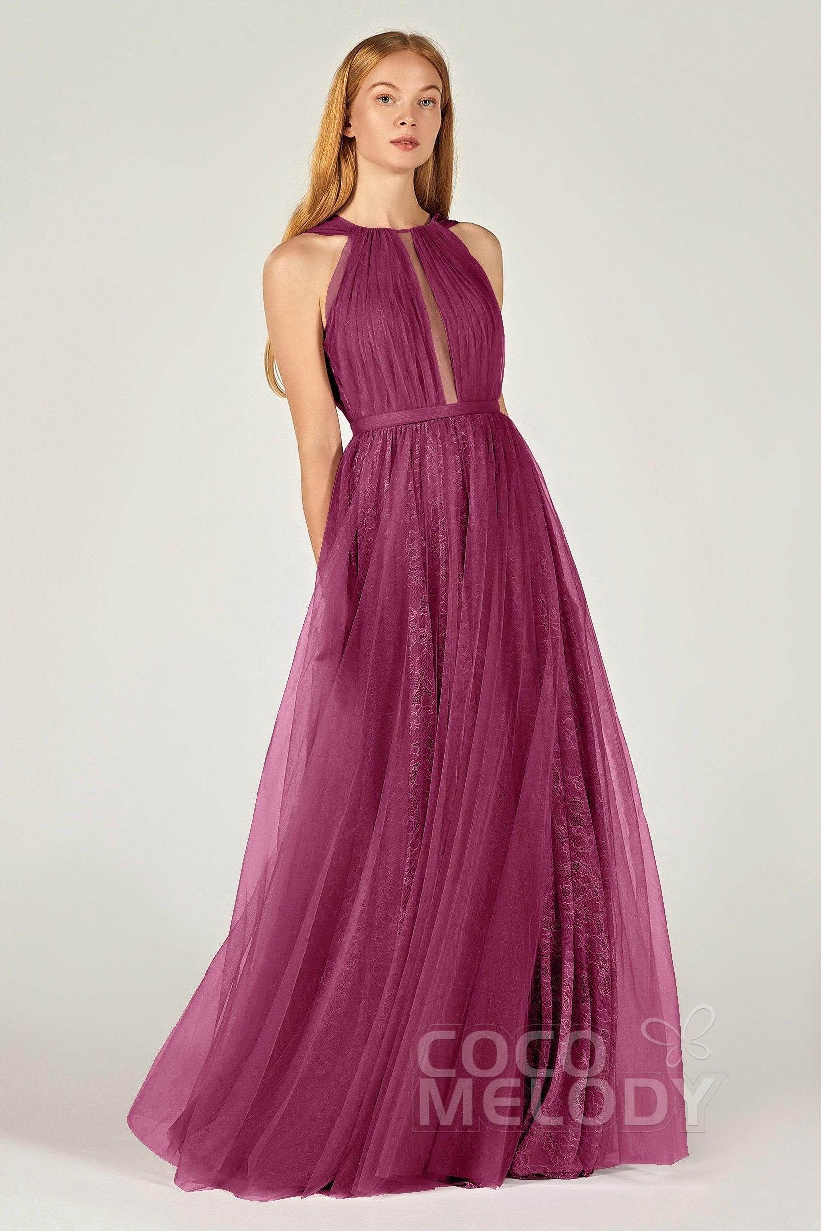 A-Line Floor Length Tulle/Lace Bridesmaid Dress CB0376 - COCOMELODY